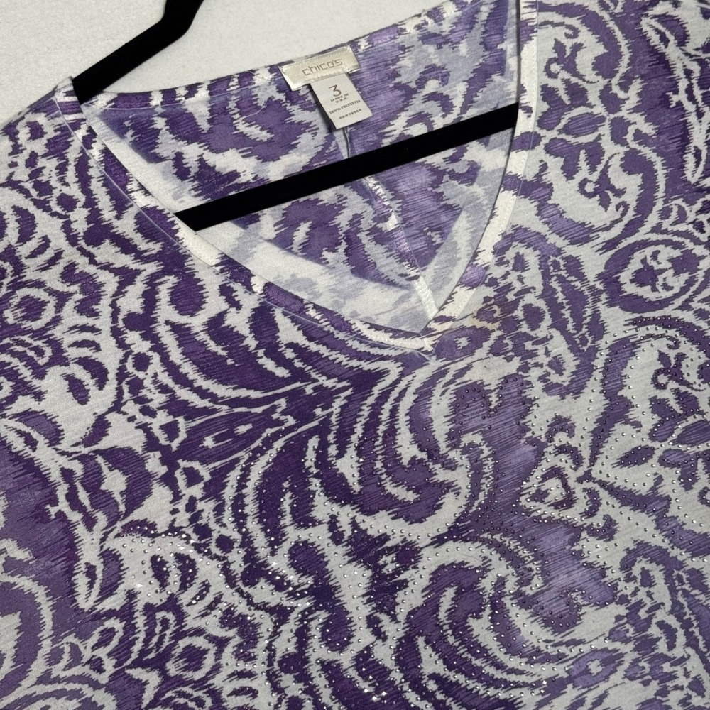 Chicos Purple Shibori Print V-Neck Rhinestone 3/4 Sleeve Side Tie Top Size 3 XL